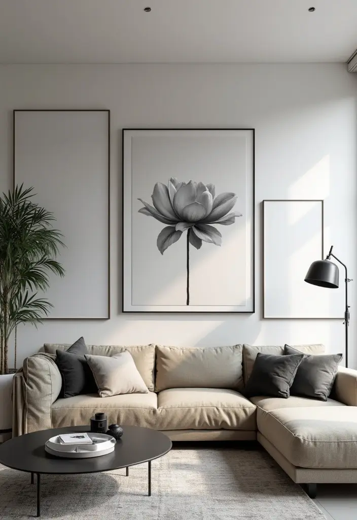 30 Large Wall Decor Living Room Ideas for Dramatic Impact - 28. Monochromatic Art Series