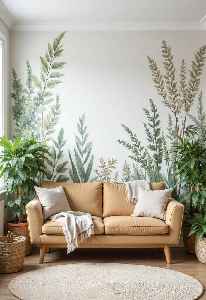 30 Large Wall Decor Living Room Ideas for Dramatic Impact - 3. Botanical Wall Murals