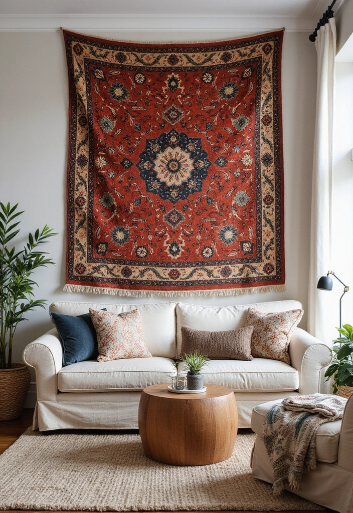 30 Large Wall Decor Living Room Ideas for Dramatic Impact - 30. Large Statement Rugs as Wall Decor