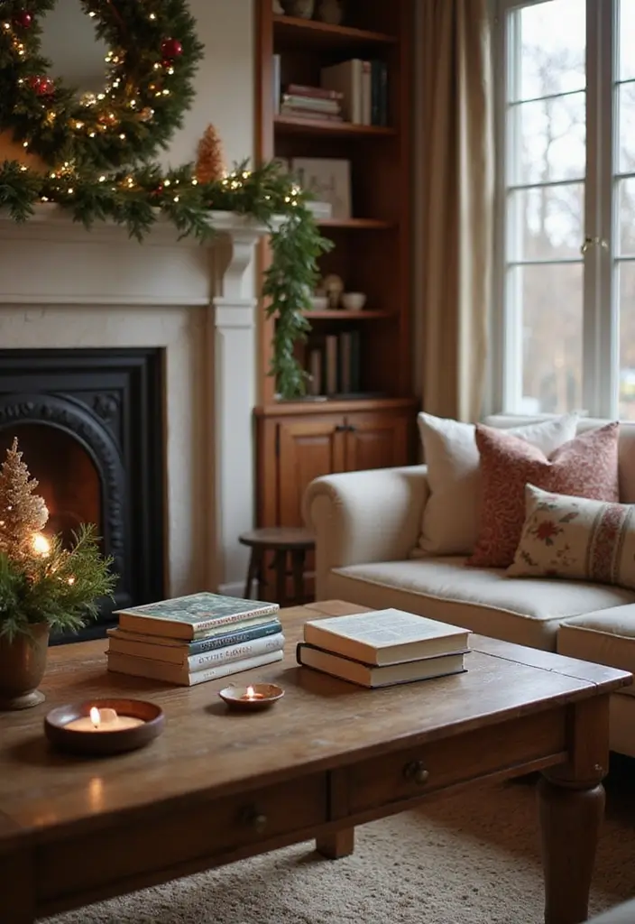 30 Living Room Christmas Decor Ideas for a Festive Home - 10. Holiday Books Display