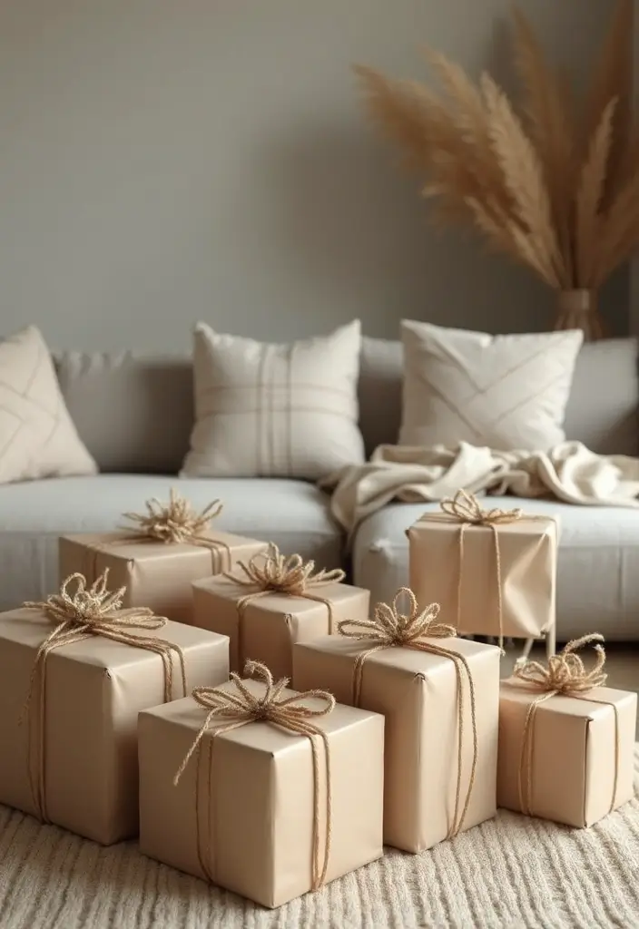 30 Living Room Christmas Decor Ideas for a Festive Home - 17. Minimalist Gift Wrapping