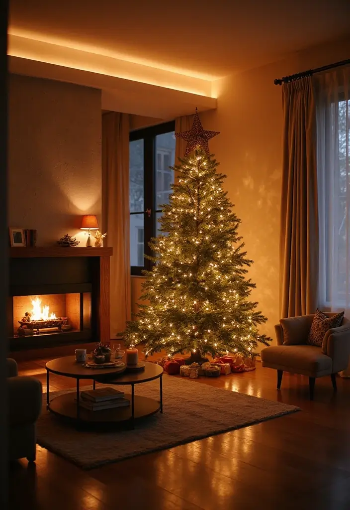 30 Living Room Christmas Decor Ideas for a Festive Home - 25. Layered Lighting