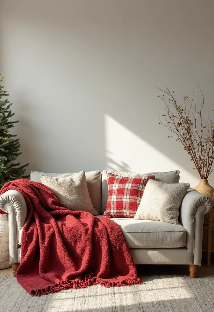 30 Living Room Christmas Decor Ideas for a Festive Home - 28. Holiday-themed Throws