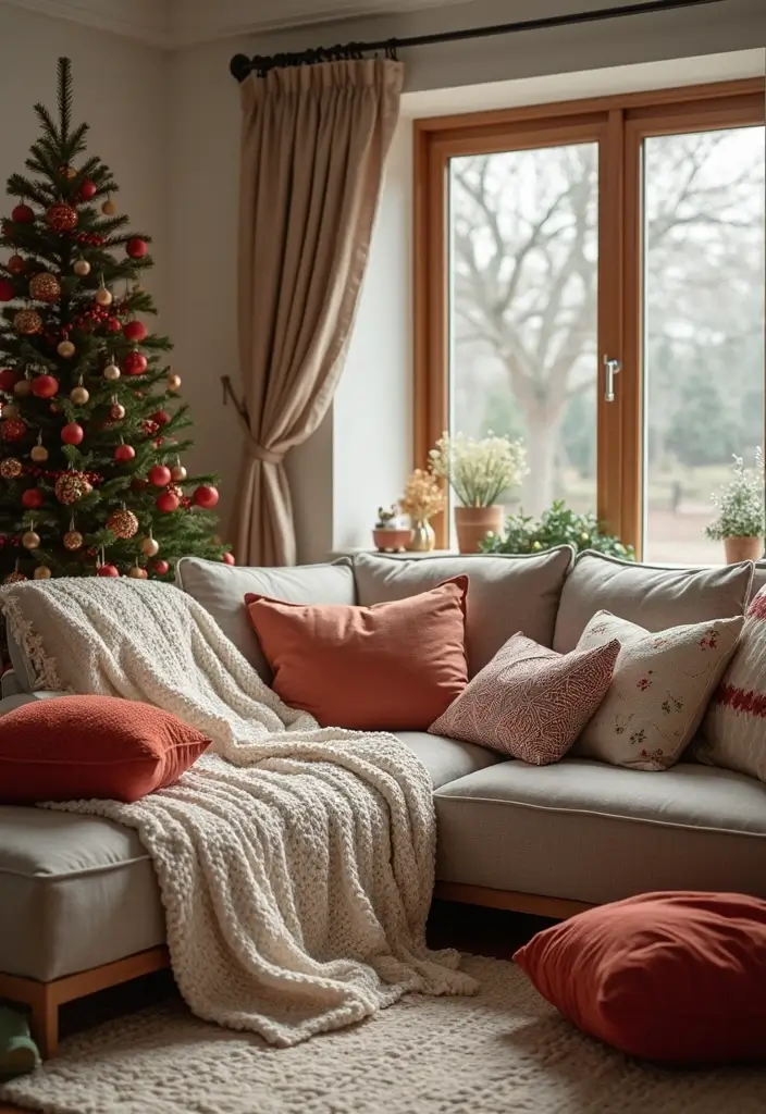 30 Living Room Christmas Decor Ideas for a Festive Home - 4. Cozy Textures