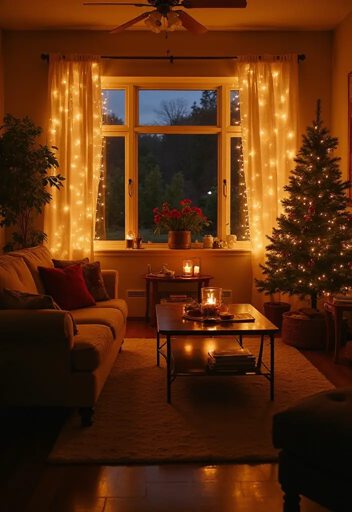 30 Living Room Christmas Decor Ideas for a Festive Home - 6. String Lights