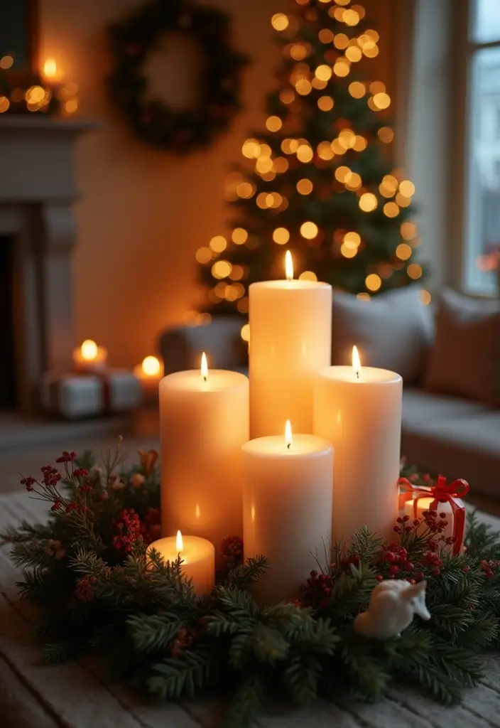 30 Living Room Christmas Decor Ideas for a Festive Home - 9. Simple Candle Displays