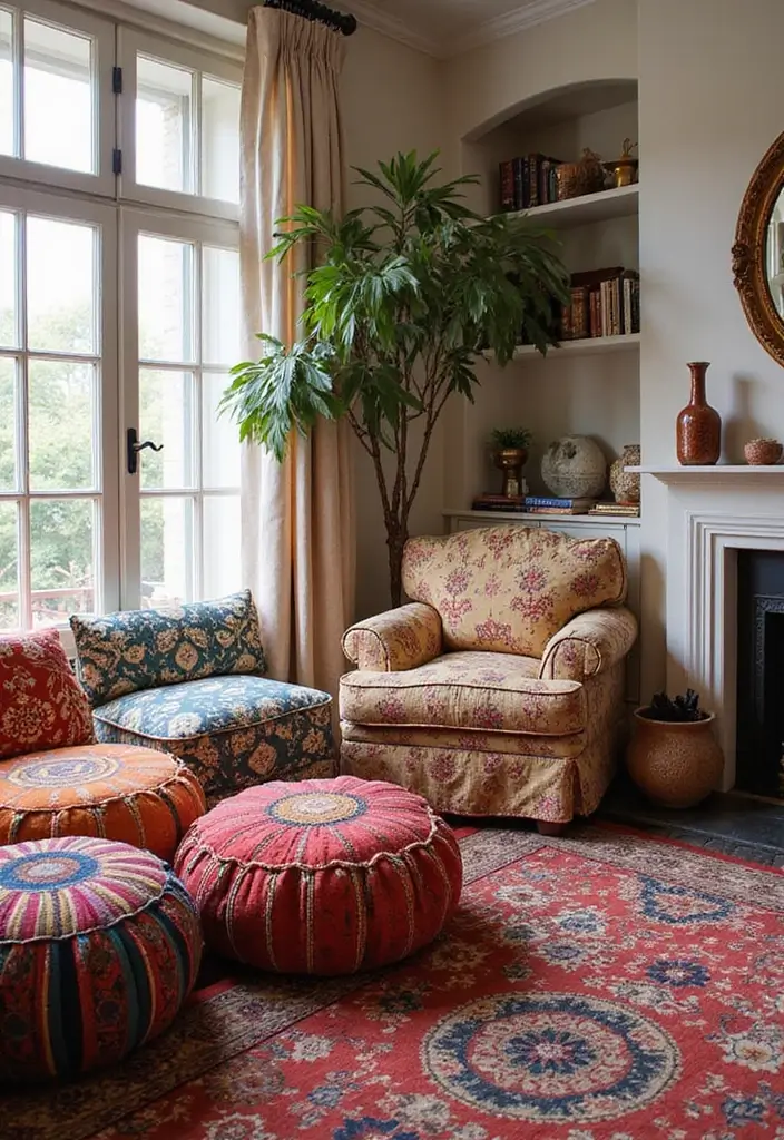 30 Living Room Corner Decor Ideas for Empty Spaces - 10. Colorful Poufs