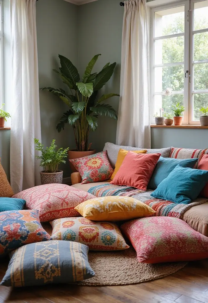 30 Living Room Corner Decor Ideas for Empty Spaces - 12. Fun Floor Cushions