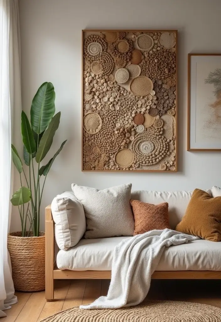 30 Living Room Corner Decor Ideas for Empty Spaces - 15. Textured Wall Art
