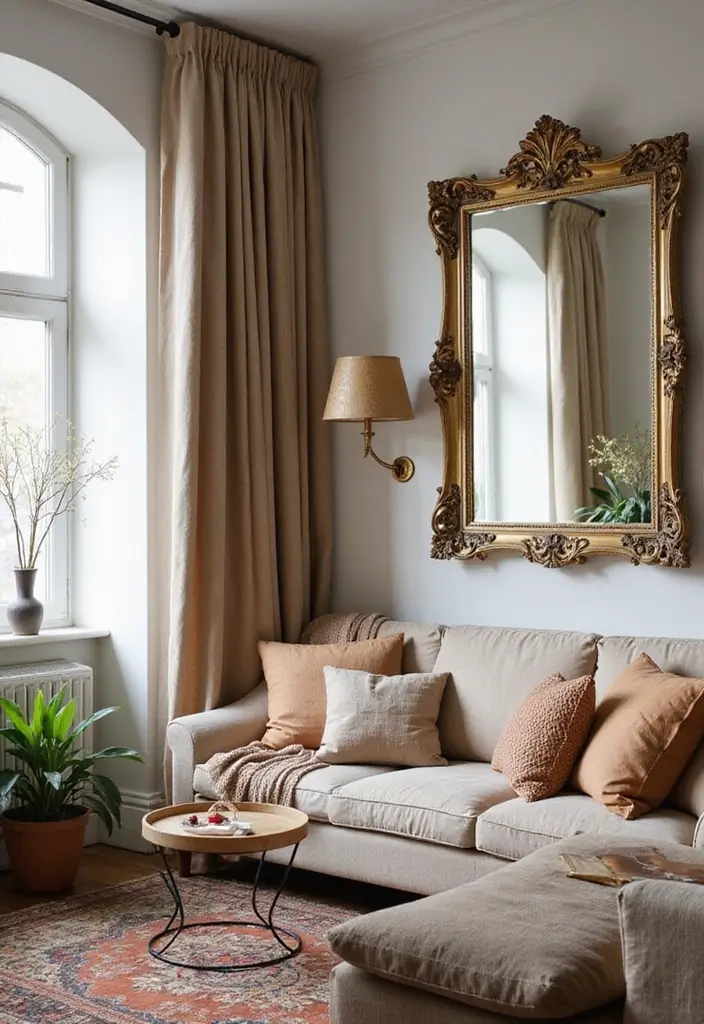 30 Living Room Corner Decor Ideas for Empty Spaces - 16. Creative Use of Mirrors