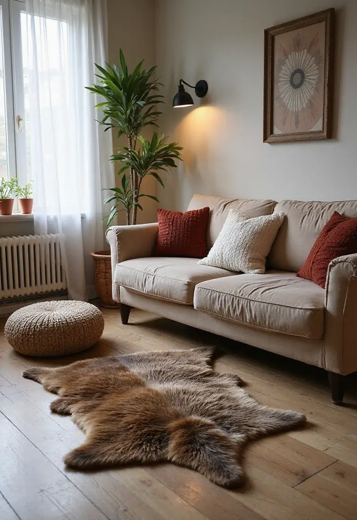 30 Living Room Corner Decor Ideas for Empty Spaces - 18. Bear Skin Rug