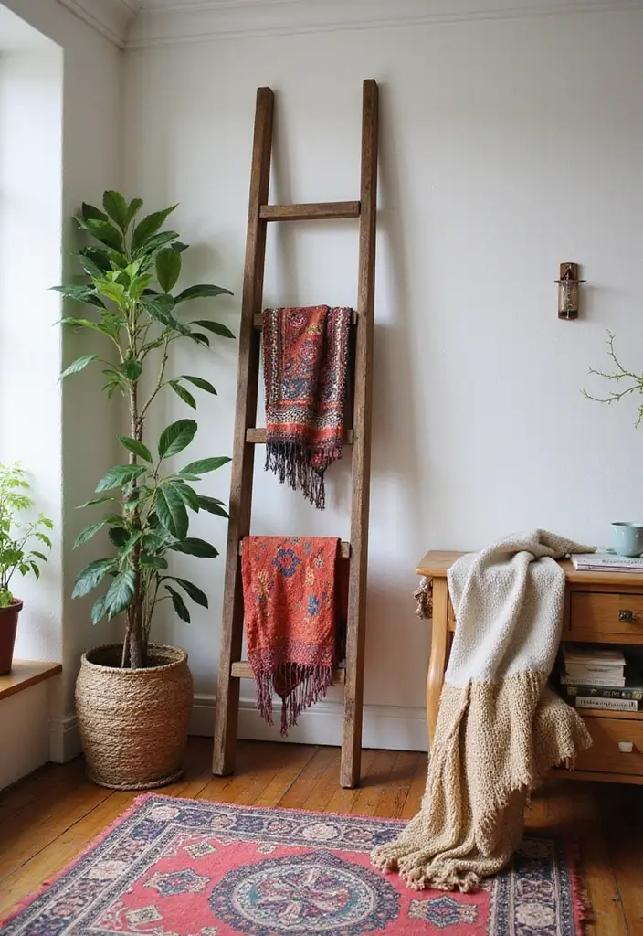 30 Living Room Corner Decor Ideas for Empty Spaces - 2. Vintage Ladder Display