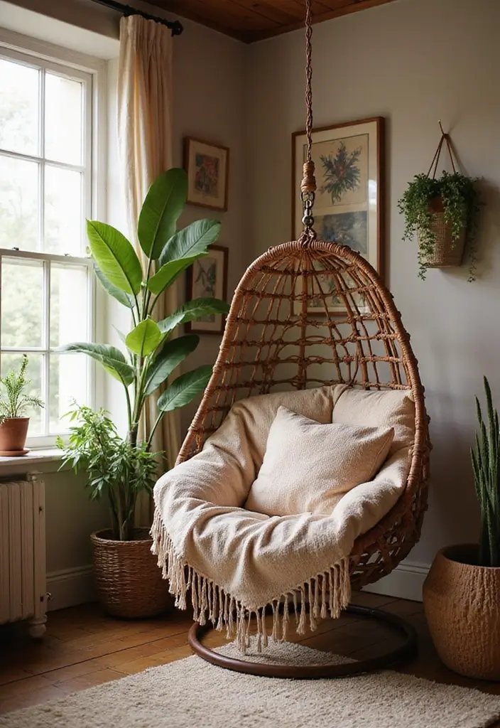 30 Living Room Corner Decor Ideas for Empty Spaces - 20. Hanging Chair
