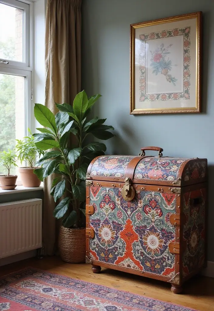 30 Living Room Corner Decor Ideas for Empty Spaces - 21. Decorative Trunks
