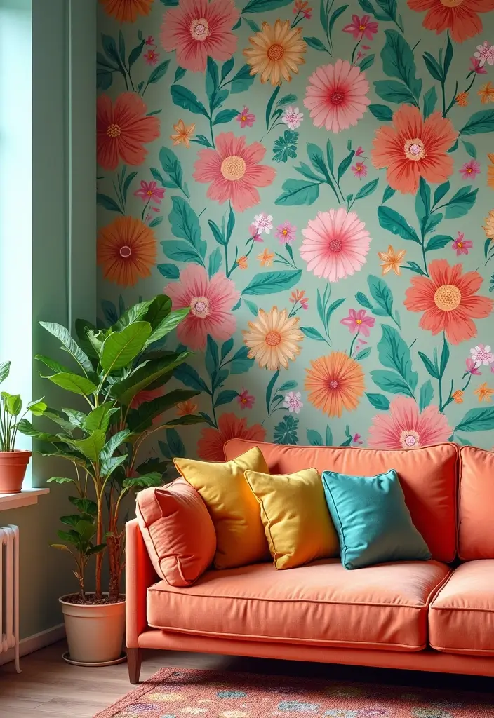 30 Living Room Corner Decor Ideas for Empty Spaces - 26. Fun Wallpaper or Decals