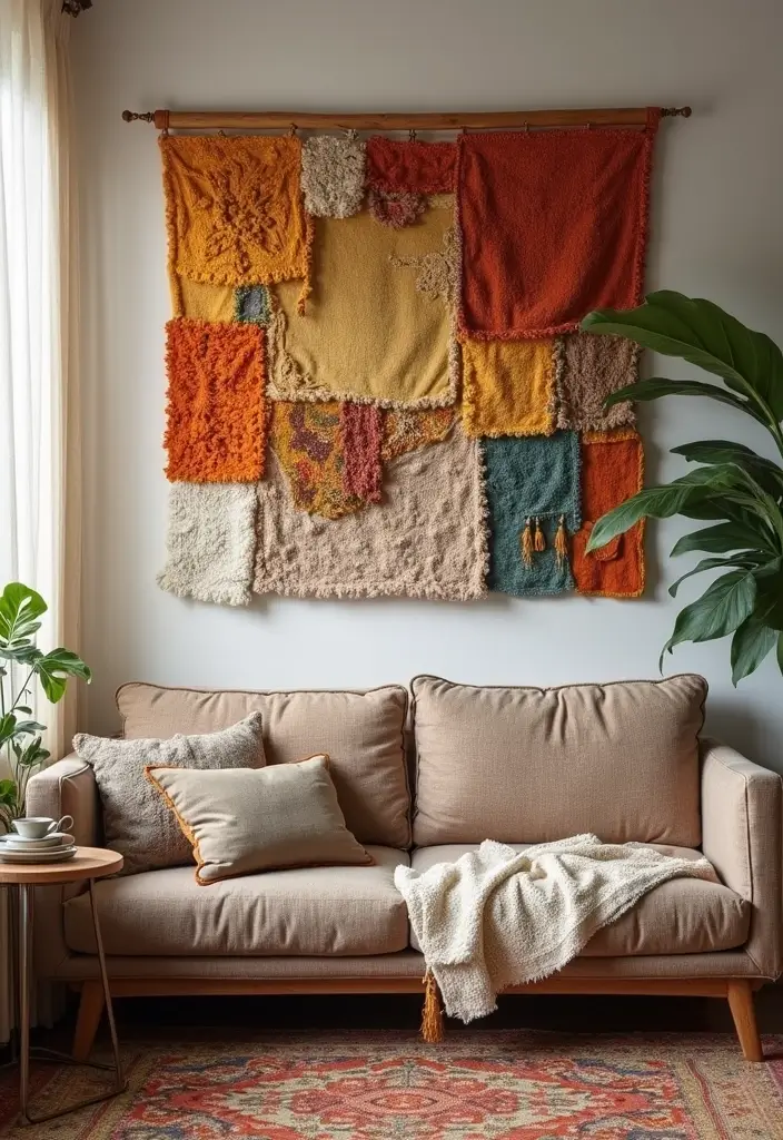 30 Living Room Corner Decor Ideas for Empty Spaces - 30. Engaging Textile Wall Art