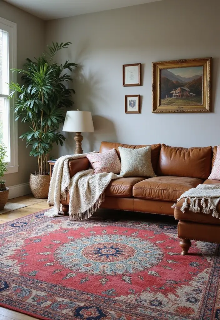 30 Living Room Corner Decor Ideas for Empty Spaces - 7. Bold Area Rugs