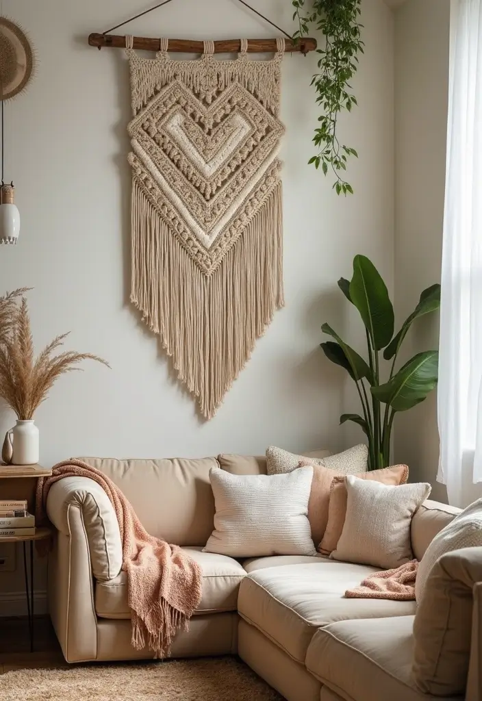 30 Living Room Corner Decor Ideas for Empty Spaces - 8. Macramé Wall Hanging