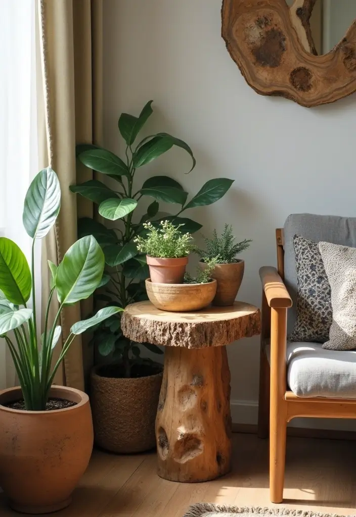 30 Living Room Corner Decor Ideas for Empty Spaces - 9. Rustic Side Table