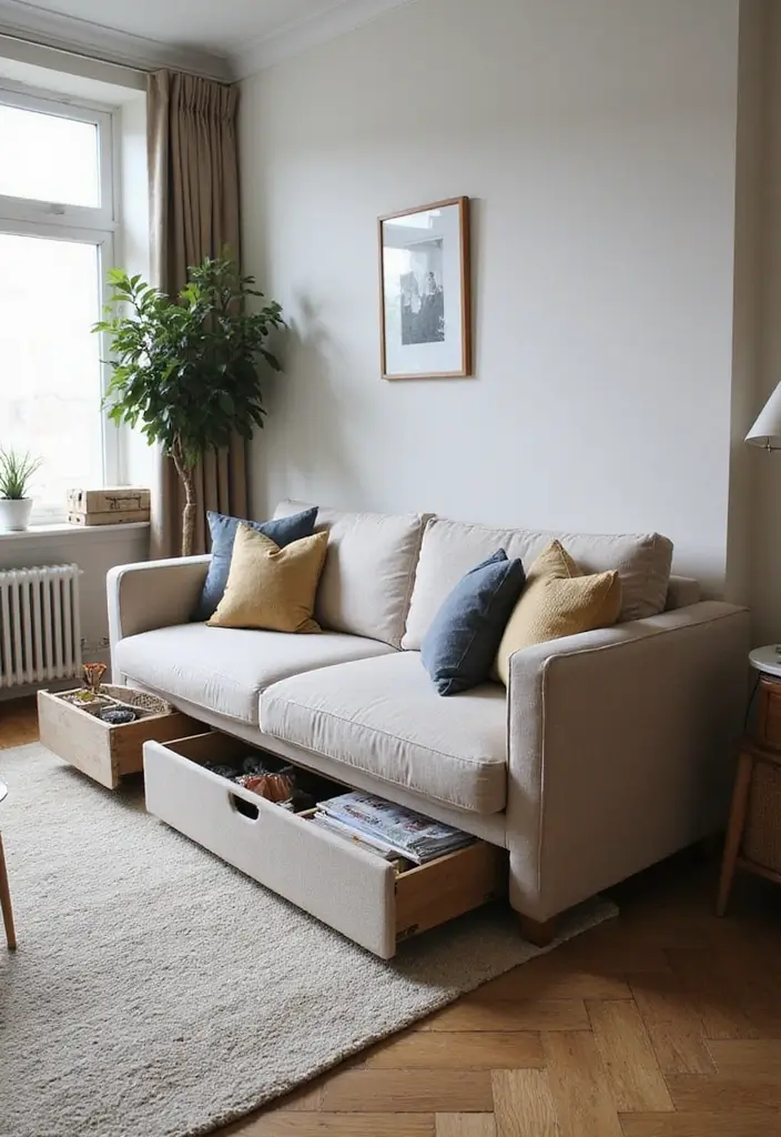 30 Living Room Decor Apartment Ideas for Small Spaces - 22. Under-Sofa Storage