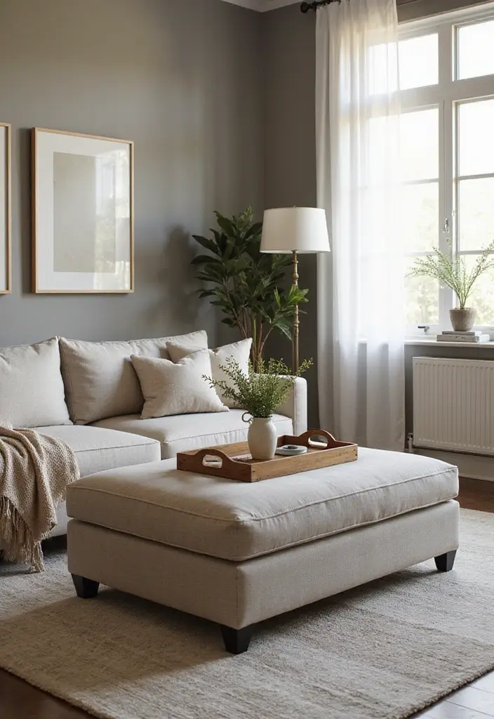 30 Living Room Decor Apartment Ideas for Small Spaces - 3. Multi-Functional Ottomans