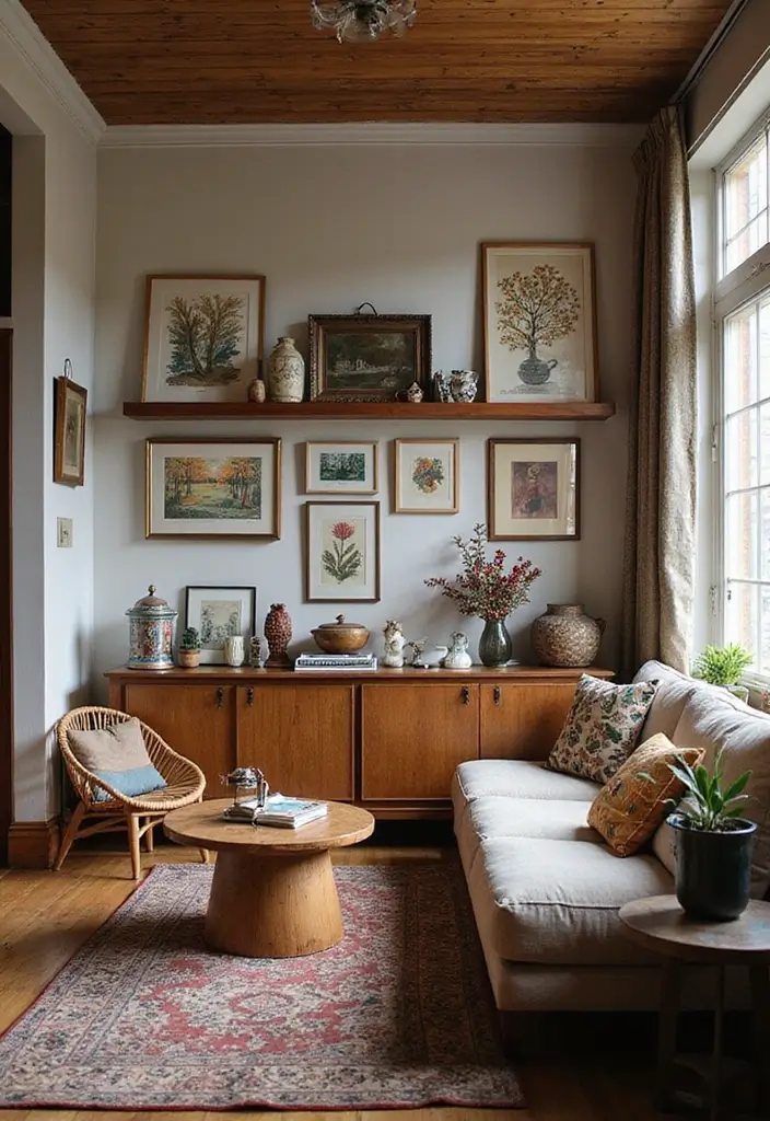 30 Living Room Decor Cozy Ideas for Warm and Inviting Spaces - 13. Display Art and Crafts