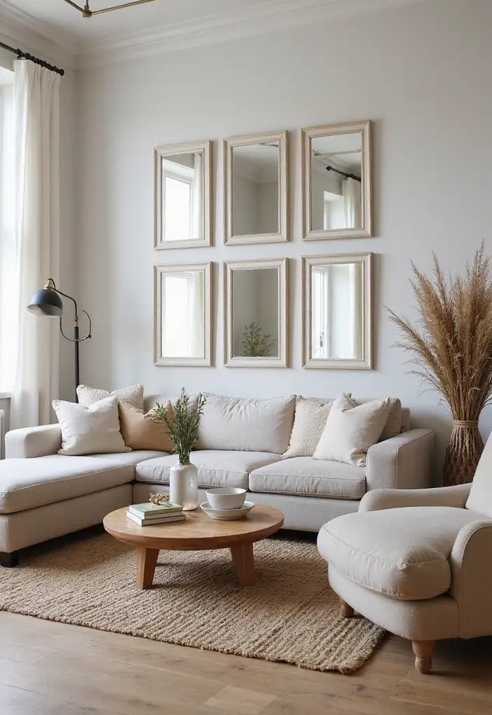 30 Living Room Decor Cozy Ideas for Warm and Inviting Spaces - 16. Use Mirrors to Create Depth