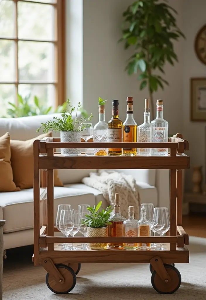 30 Living Room Decor Cozy Ideas for Warm and Inviting Spaces - 21. Curate an Inviting Bar Cart