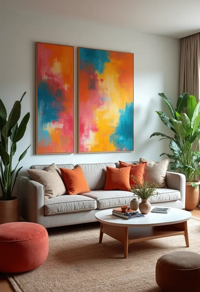 30 Living Room Decor Cozy Ideas for Warm and Inviting Spaces - 22. Use Colorful Artwork