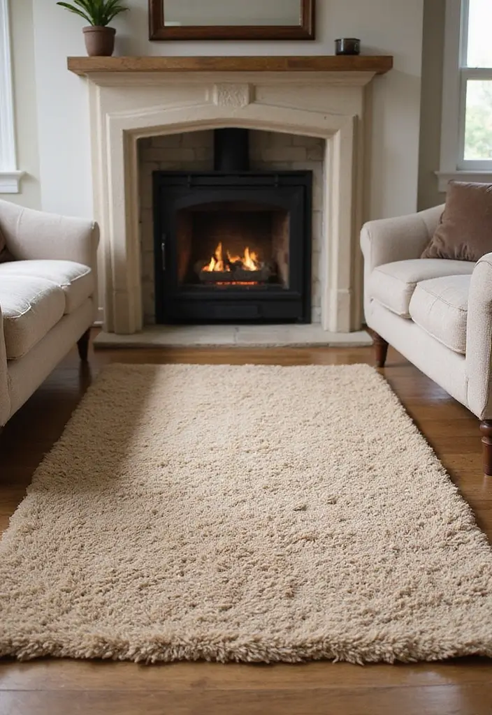30 Living Room Decor Fireplace Ideas for a Warm Ambience - 16. Soft Rugs for Comfort