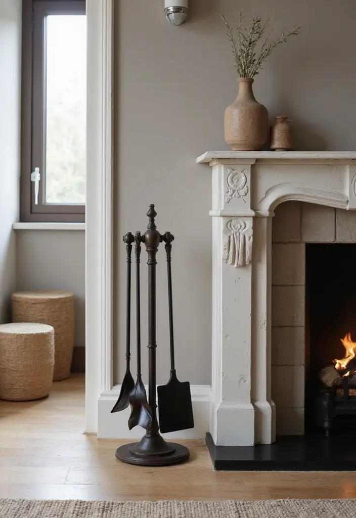 30 Living Room Decor Fireplace Ideas for a Warm Ambience - 20. Functional Fireplace Tools