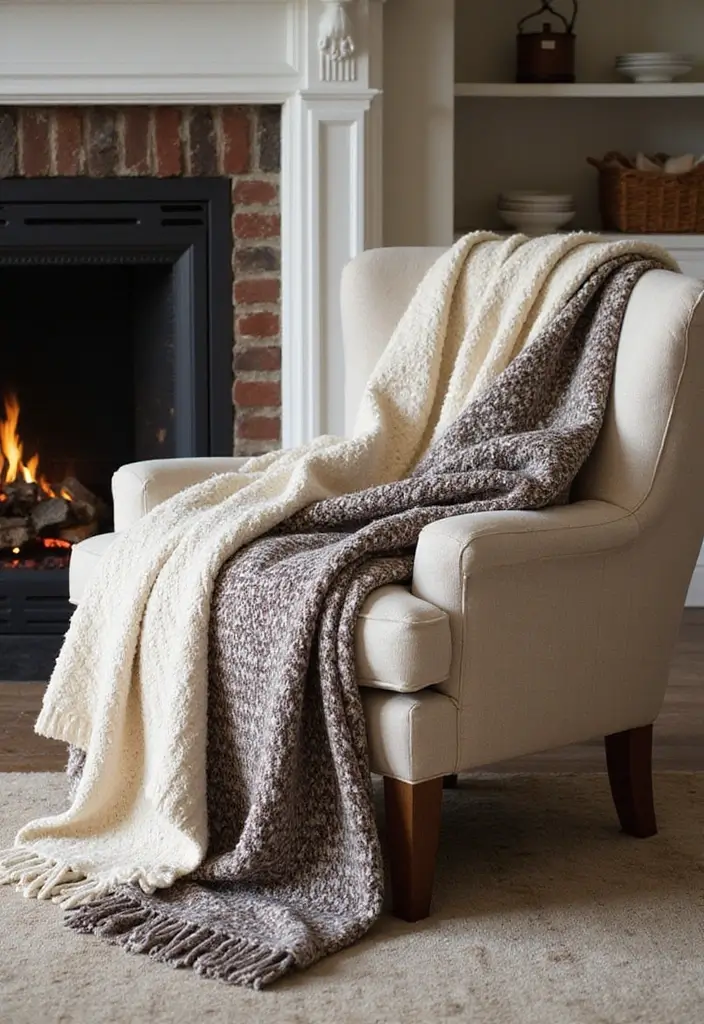 30 Living Room Decor Fireplace Ideas for a Warm Ambience - 23. Cozy Throw Blankets