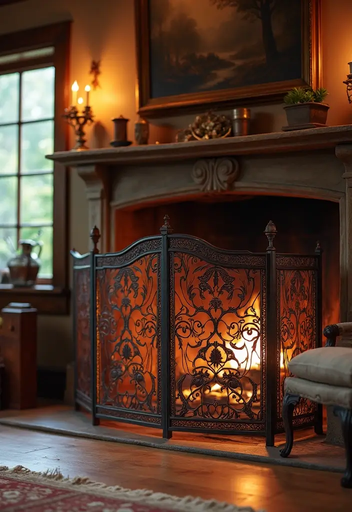 30 Living Room Decor Fireplace Ideas for a Warm Ambience - 29. Artistic Fire Screens