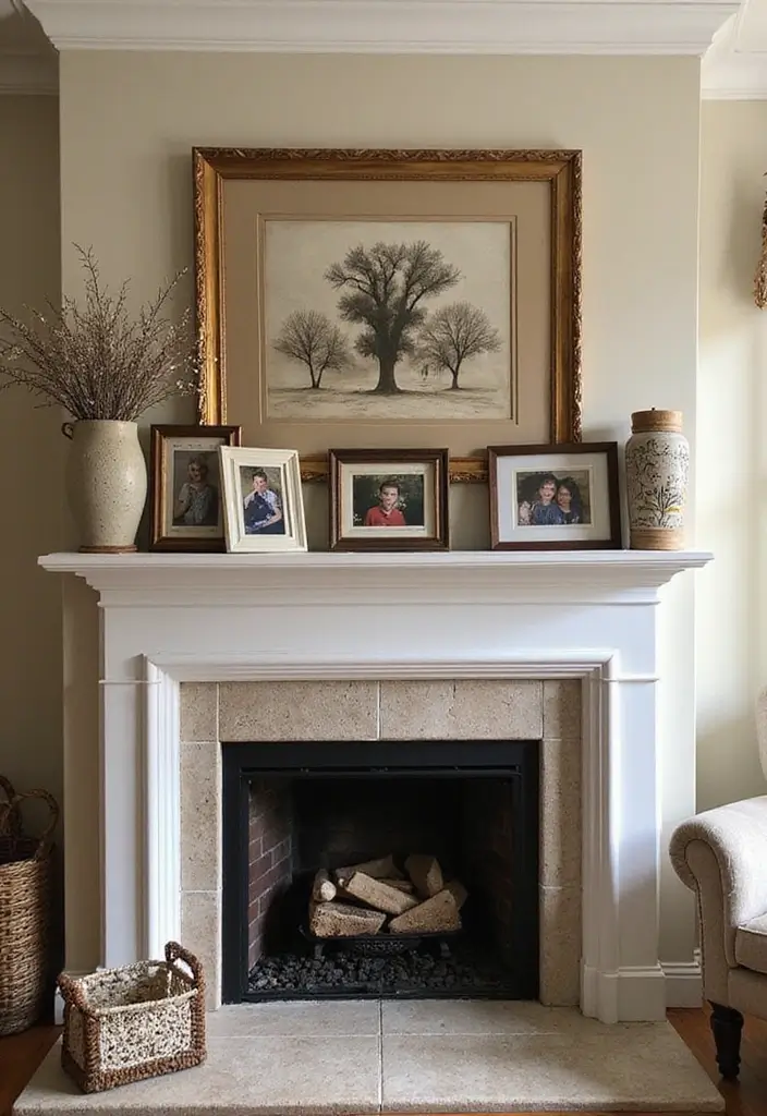30 Living Room Decor Fireplace Ideas for a Warm Ambience - 30. Personalized Family Touches