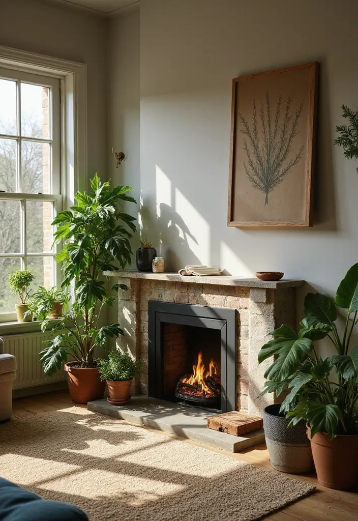 30 Living Room Decor Fireplace Ideas for a Warm Ambience - 6. Indoor Plants as Decor