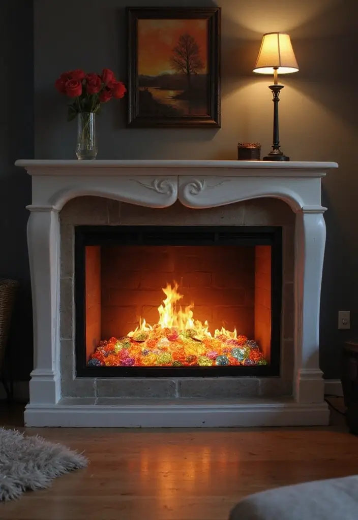 30 Living Room Decor Fireplace Ideas for a Warm Ambience - 7. Colorful Fire Glass