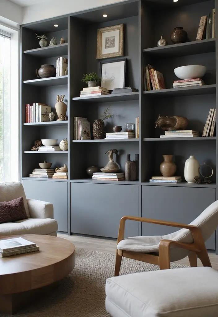 30 Living Room Decor Gray Ideas for a Modern Look - 10. Gray Bookshelves