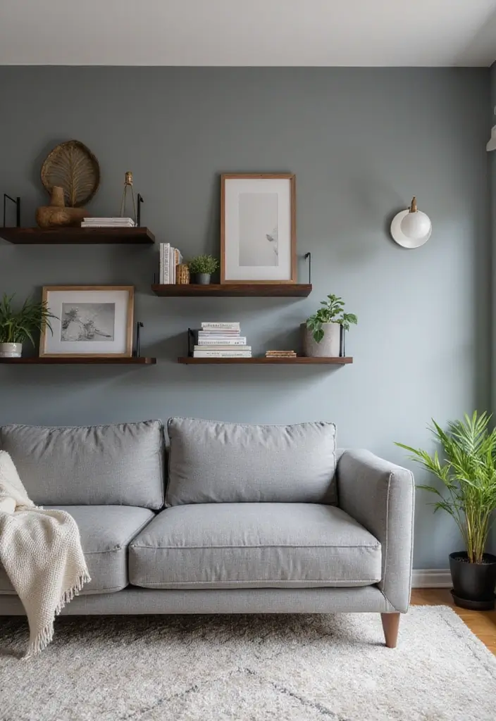 30 Living Room Decor Gray Ideas for a Modern Look - 17. Gray Wall Shelves