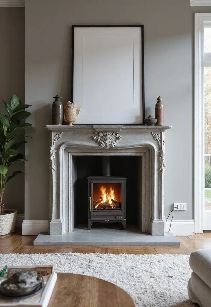 30 Living Room Decor Gray Ideas for a Modern Look - 20. Gray Fireplace Surround