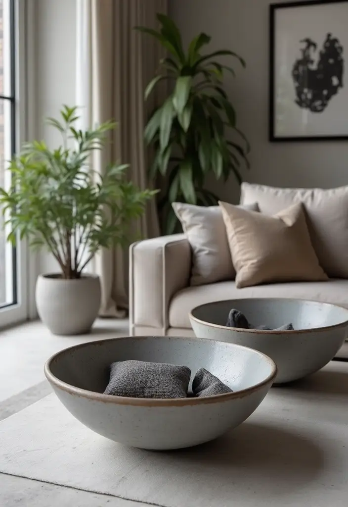 30 Living Room Decor Gray Ideas for a Modern Look - 22. Gray Decorative Bowls