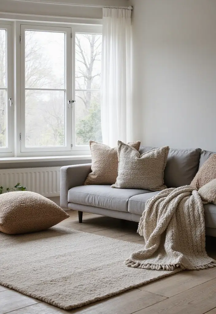 30 Living Room Decor Grey Couch Ideas for a Neutral Palette - 1. Embrace Layering With Textiles