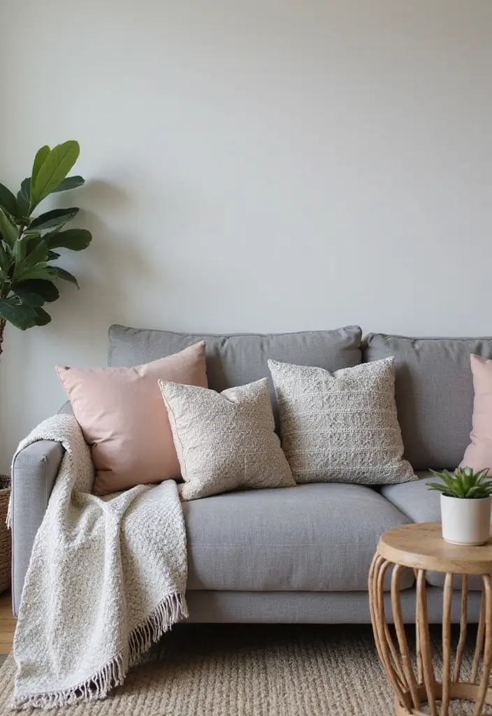 30 Living Room Decor Grey Couch Ideas for a Neutral Palette - 12. Accent Pillows with Patterns