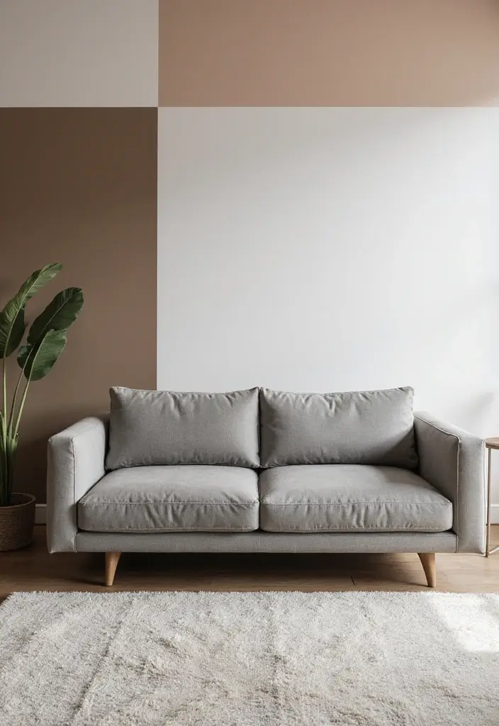 30 Living Room Decor Grey Couch Ideas for a Neutral Palette - 17. Neutral Color Blocked Walls