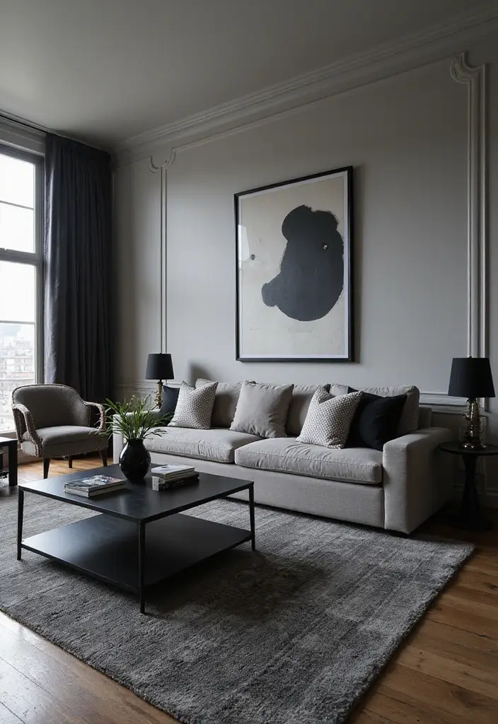 30 Living Room Decor Grey Couch Ideas for a Neutral Palette - 2. Create Contrast with Dark Accents