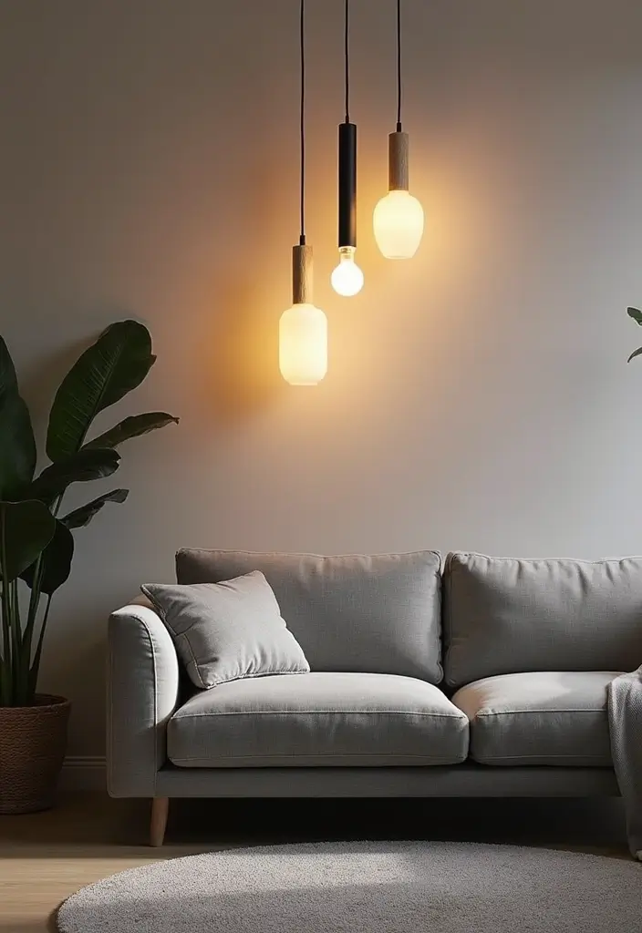 30 Living Room Decor Grey Couch Ideas for a Neutral Palette - 26. Statement Lighting Fixtures