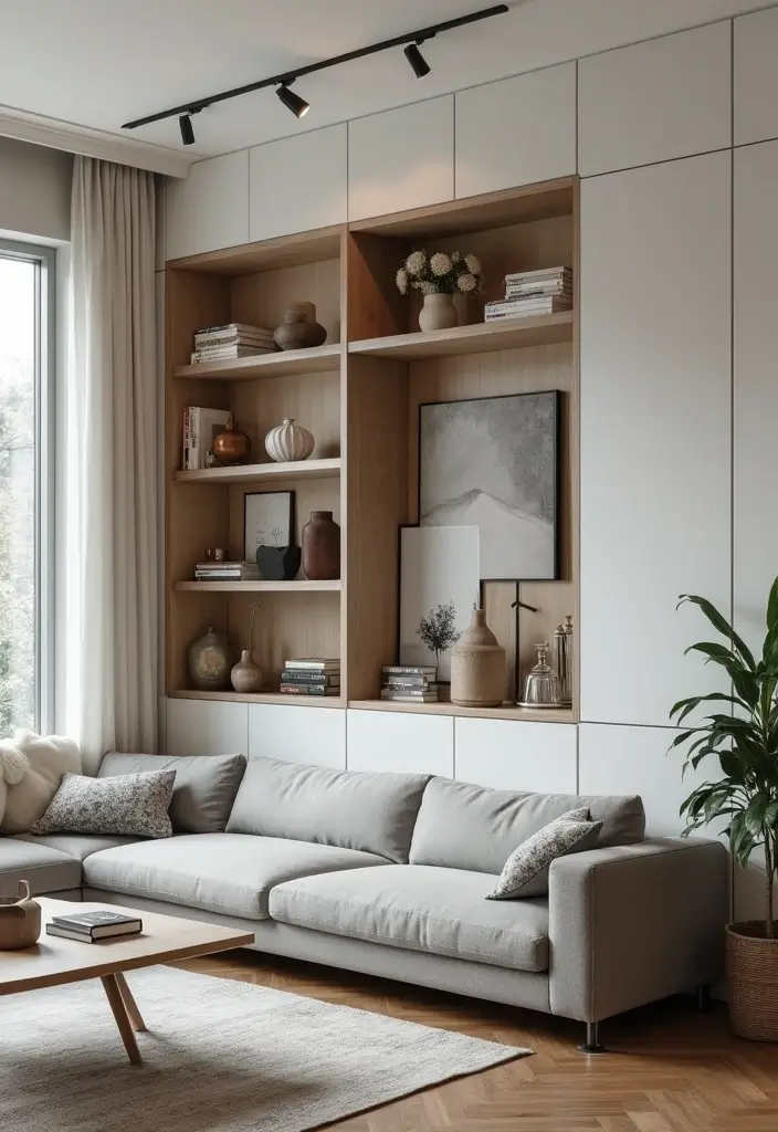 30 Living Room Decor Grey Couch Ideas for a Neutral Palette - 28. Consider Built-In Units