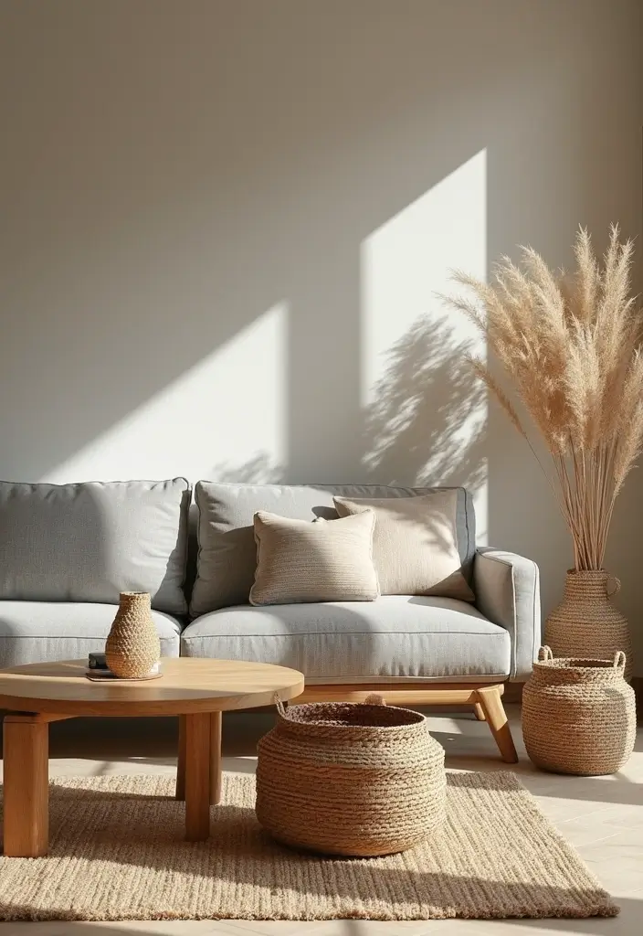 30 Living Room Decor Grey Couch Ideas for a Neutral Palette - 8. Textural Contrast with Natural Elements