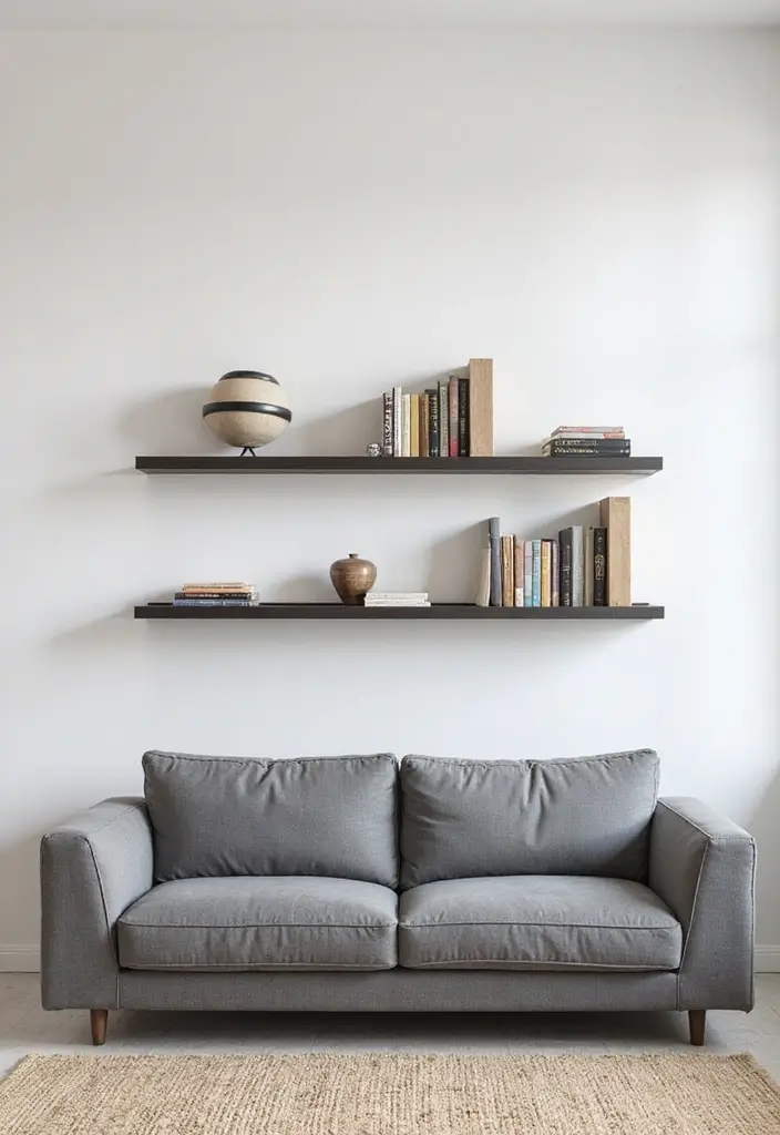 30 Living Room Decor Grey Couch Ideas for a Neutral Palette - 9. Floating Shelves for Display