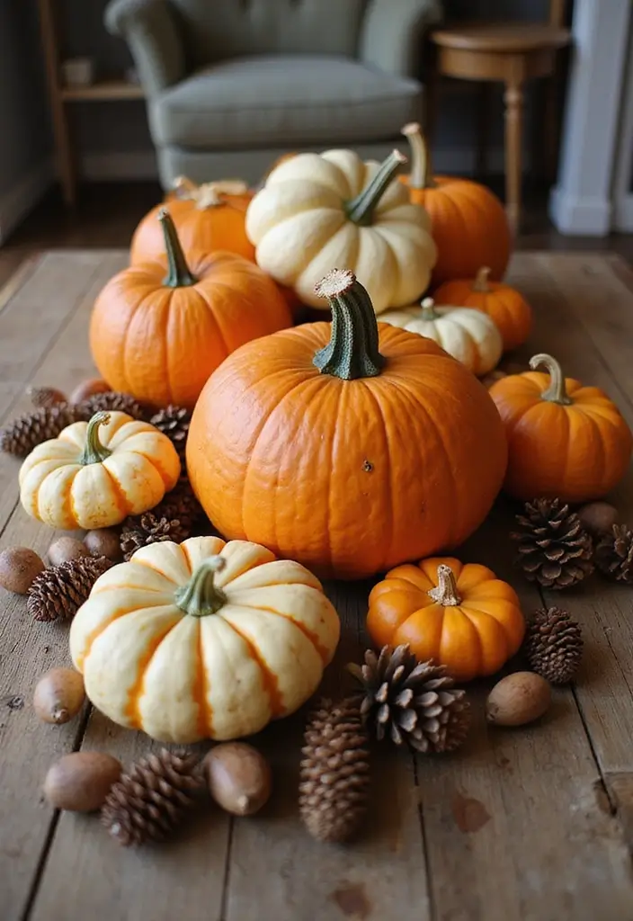 30 Living Room Halloween Decor Ideas for Seasonal Fun - 1. Cozy Pumpkin Accents