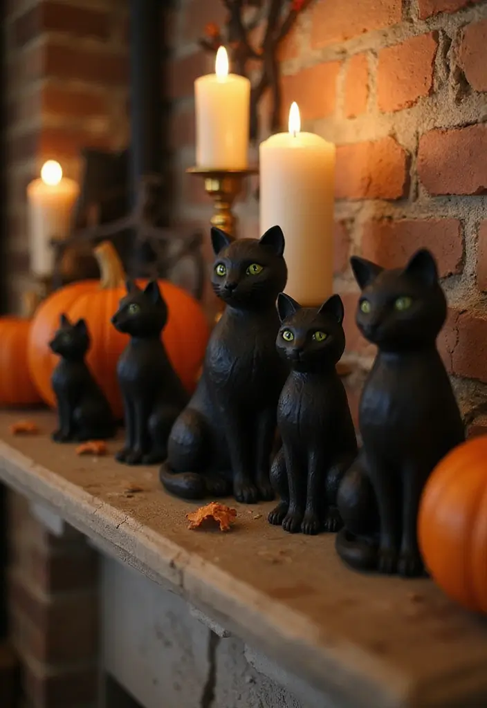30 Living Room Halloween Decor Ideas for Seasonal Fun - 11. Black Cat Figurines